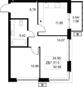 2-комнатная, 52.06м²