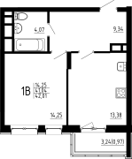 1-комнатная, 42.01м²