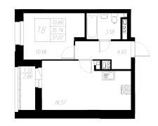 1-комнатная, 37.07м²