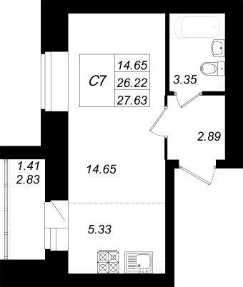 1-комнатная,27.63 м² в ЖК Радужный-2