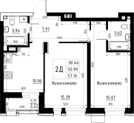 2-комнатная, 57.1м²