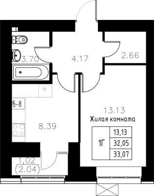 1-комнатная,33.07 м² в ЖК Династия