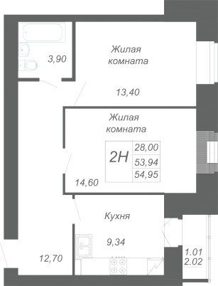 2-комнатная,54.95 м² в ЖК Радужный-2