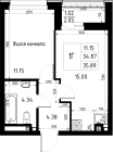 1-комнатная, 35.89м²
