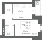 1-комнатная, 36.61м²