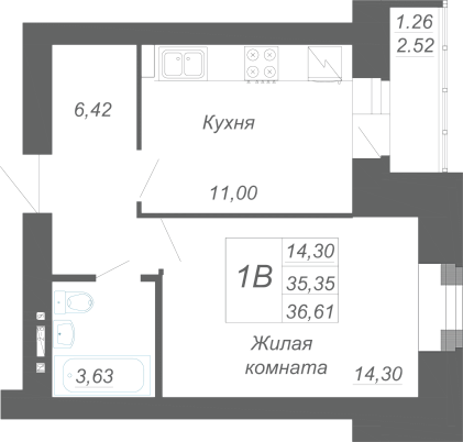 1-комнатная,36.61 м² в ЖК Радужный-2