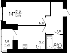 1-комнатная, 38.14м²