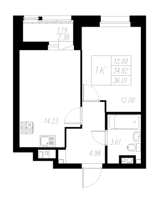 1-комнатная,36.01 м² в ЖК Статный