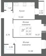 2-комнатная, 52.32м² 2-комнатная, 52.32м²
