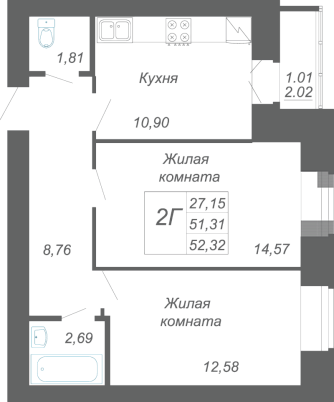 2-комнатная,52.32 м² в ЖК Радужный-2