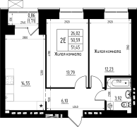 2-комнатная, 51.45м²