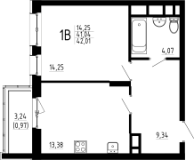 1-комнатная, 42.01м²