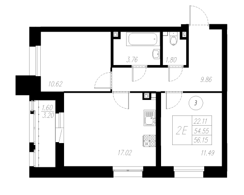 2-комнатная,56.15 м² в ЖК Статный