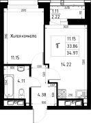 1-комнатная, 34.97м²