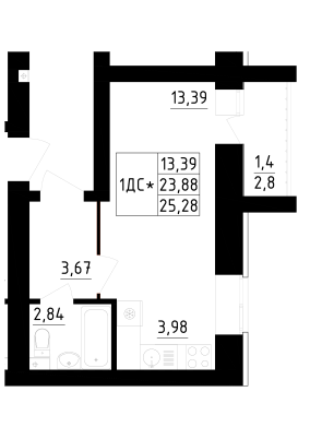 1-комнатная,25.28 м² в ЖК Радужный-2