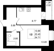 1-комнатная, 34.71м²