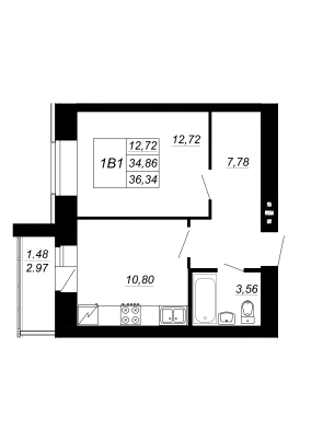 1-комнатная,36.34 м² в ЖК Радужный-2