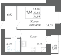 1-комнатная, 34.64м²