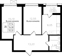 2-комнатная, 55.33м²