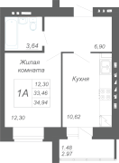 1-комнатная, 34.94м²