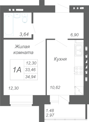 1-комнатная,34.94 м² в ЖК Радужный-2