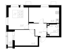 2-комнатная, 57.39м²