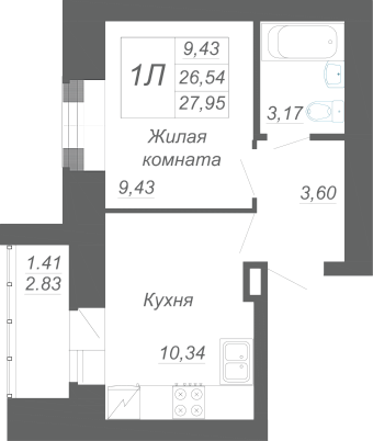 1-комнатная,27.95 м² в ЖК Радужный-2