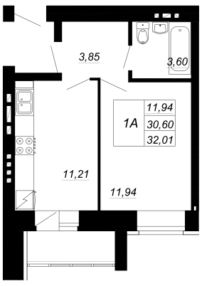 1-комнатная,32.01 м² в ЖК Радужный-2