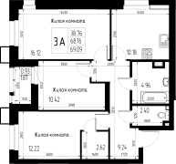 3-комнатная, 69.09м²