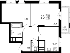 2-комнатная, 54.91м²