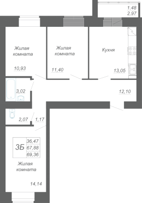 3-комнатная,69.36 м² в ЖК Радужный-2