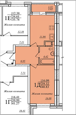 1-комнатная,40.83 м² в ЖК Мечта