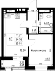 1-комнатная, 35.91м²