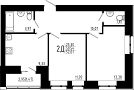 2-комнатная, 52.01м²