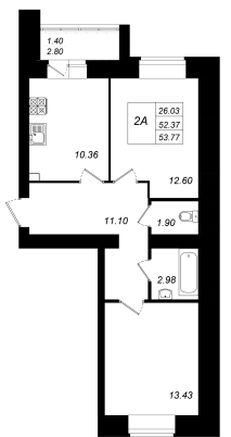 2-комнатная,53.77 м² в ЖК Радужный-2