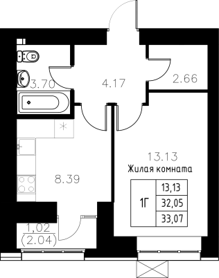 1-комнатная,33.07 м² в ЖК Династия