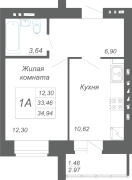 1-комнатная, 34.94м²