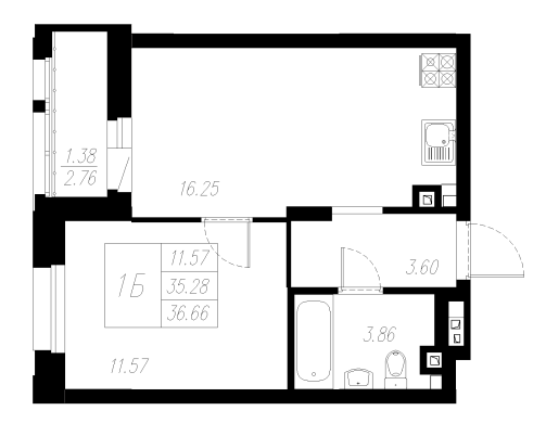 1-комнатная,36.66 м² в ЖК Статный