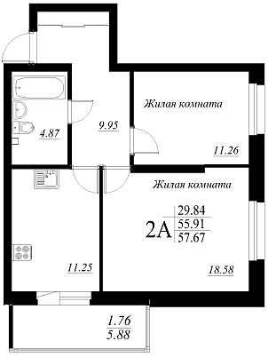 2-комнатная,57.67 м² в ЖК Родина