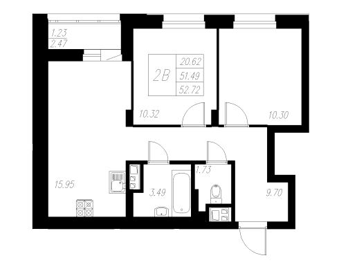 2-комнатная,52.72 м² в ЖК Статный