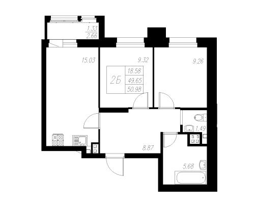 2-комнатная,50.98 м² в ЖК Статный