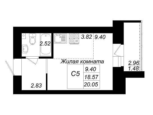 1-комнатная,20.05 м² в ЖК Радужный-2