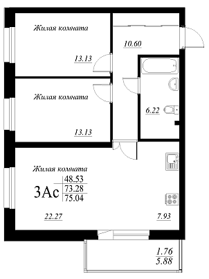 3-комнатная,74.8 м² в ЖК Родина