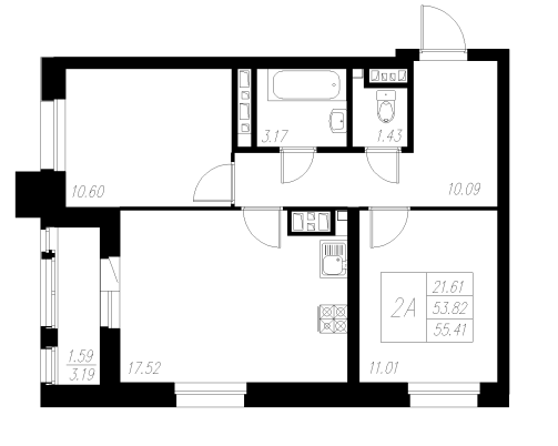 2-комнатная,55.41 м² в ЖК Статный