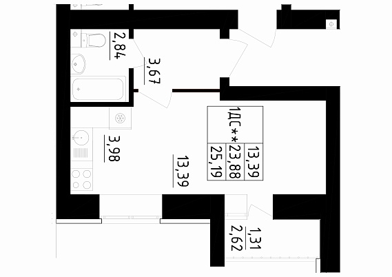 1-комнатная,25.19 м² в ЖК Радужный-2