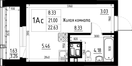 1-комнатная, 22.63м²
