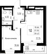 1-комнатная, 39.45м²