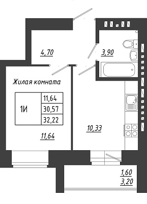 1-комнатная,32.22 м² в ЖК Радужный-2