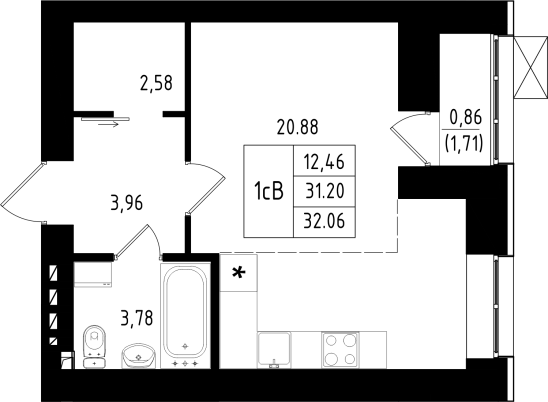 1-комнатная,32.06 м² в ЖК Династия