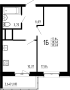 1-комнатная, 39.69м²